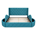 Pink / Gray / Beige / Blue Velvet Queen Platform Bed with Wingback Headboard, 1 Drawer and 2 Side Stools for 2 Person