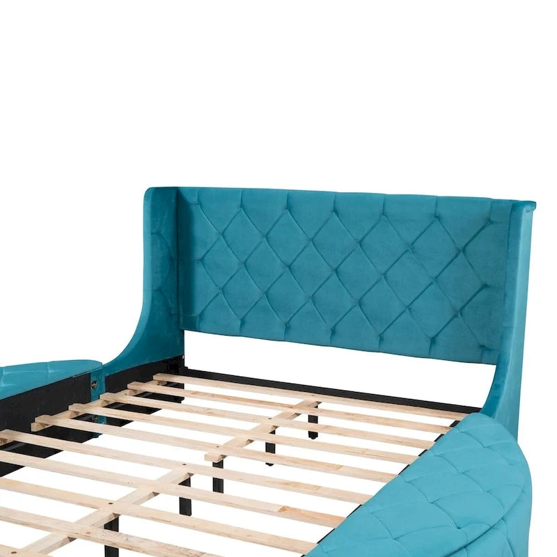 Pink / Gray / Beige / Blue Velvet Queen Platform Bed with Wingback Headboard, 1 Drawer and 2 Side Stools for 2 Person