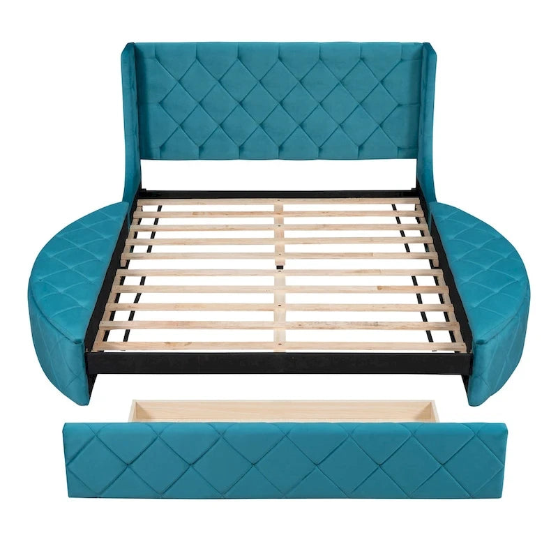 Pink / Gray / Beige / Blue Velvet Queen Platform Bed with Wingback Headboard, 1 Drawer and 2 Side Stools for 2 Person