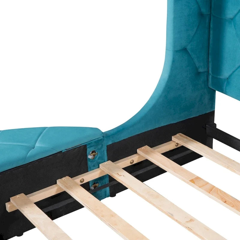 Pink / Gray / Beige / Blue Velvet Queen Platform Bed with Wingback Headboard, 1 Drawer and 2 Side Stools for 2 Person