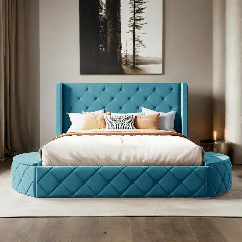 Pink / Gray / Beige / Blue Velvet Queen Platform Bed with Wingback Headboard, 1 Drawer and 2 Side Stools for 2 Person