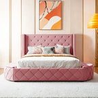 Pink / Gray / Beige / Blue Velvet Queen Platform Bed with Wingback Headboard, 1 Drawer and 2 Side Stools for 2 Person