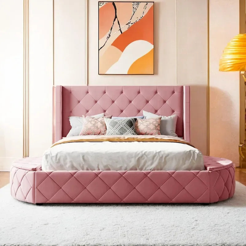 Pink / Gray / Beige / Blue Velvet Queen Platform Bed with Wingback Headboard, 1 Drawer and 2 Side Stools for 2 Person