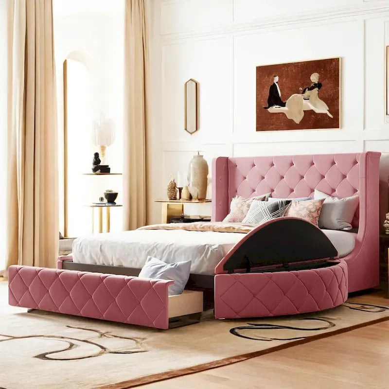 Pink / Gray / Beige / Blue Velvet Queen Platform Bed with Wingback Headboard, 1 Drawer and 2 Side Stools for 2 Person