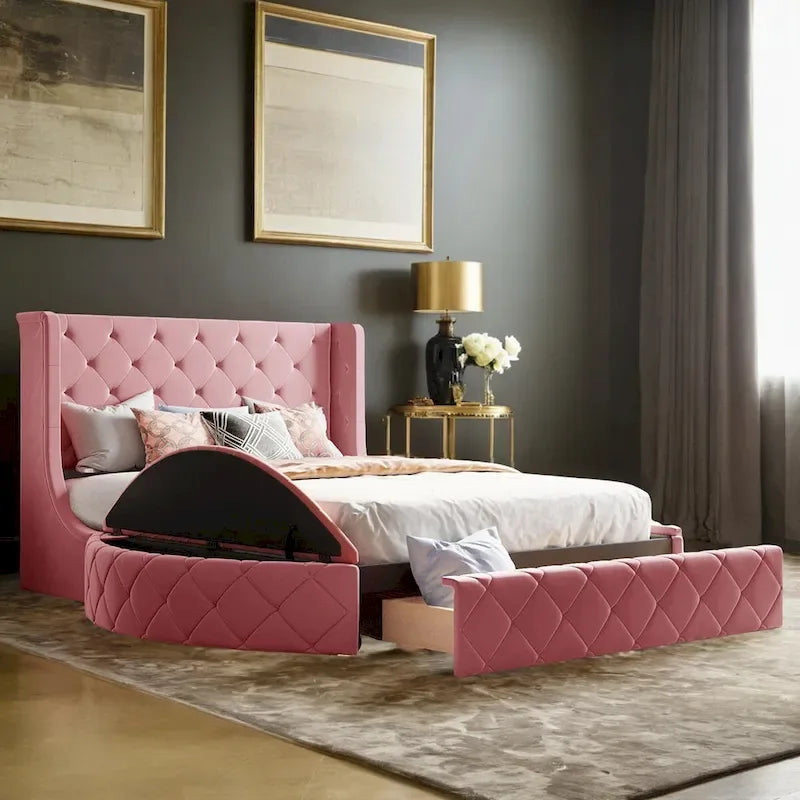 Pink / Gray / Beige / Blue Velvet Queen Platform Bed with Wingback Headboard, 1 Drawer and 2 Side Stools for 2 Person