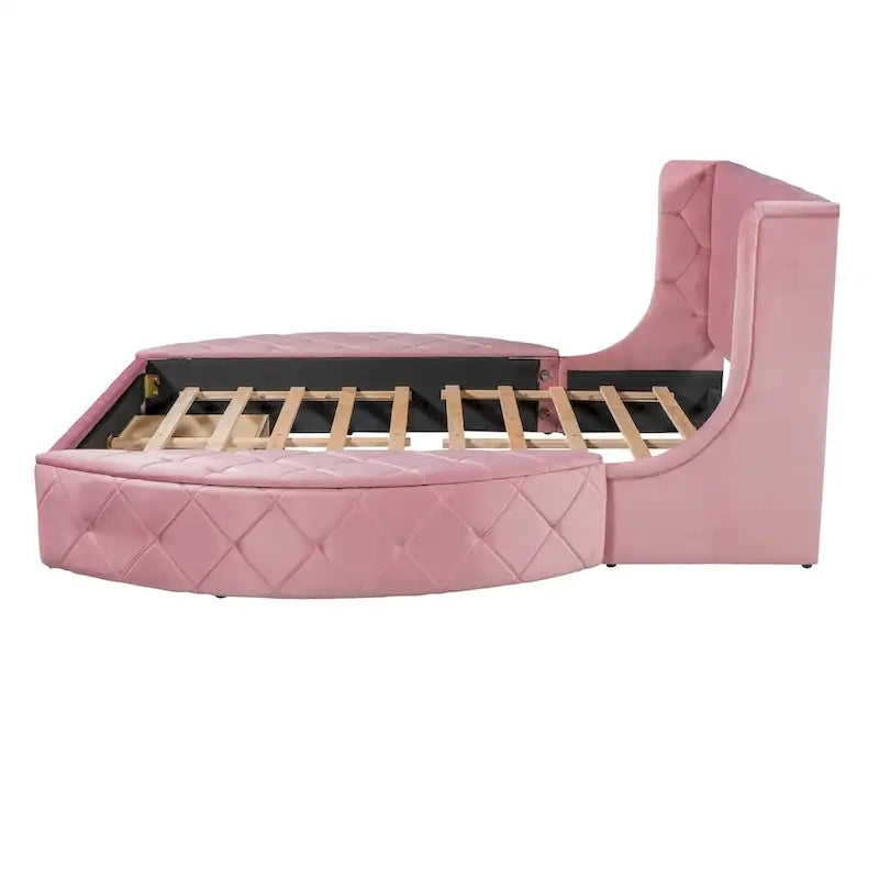 Pink / Gray / Beige / Blue Velvet Queen Platform Bed with Wingback Headboard, 1 Drawer and 2 Side Stools for 2 Person
