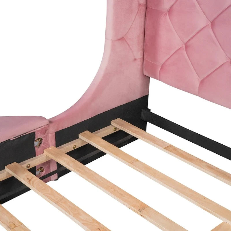 Pink / Gray / Beige / Blue Velvet Queen Platform Bed with Wingback Headboard, 1 Drawer and 2 Side Stools for 2 Person