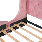 Pink / Gray / Beige / Blue Velvet Queen Platform Bed with Wingback Headboard, 1 Drawer and 2 Side Stools for 2 Person