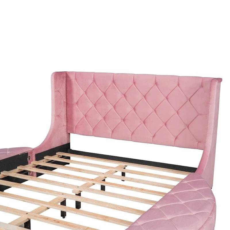 Pink / Gray / Beige / Blue Velvet Queen Platform Bed with Wingback Headboard, 1 Drawer and 2 Side Stools for 2 Person