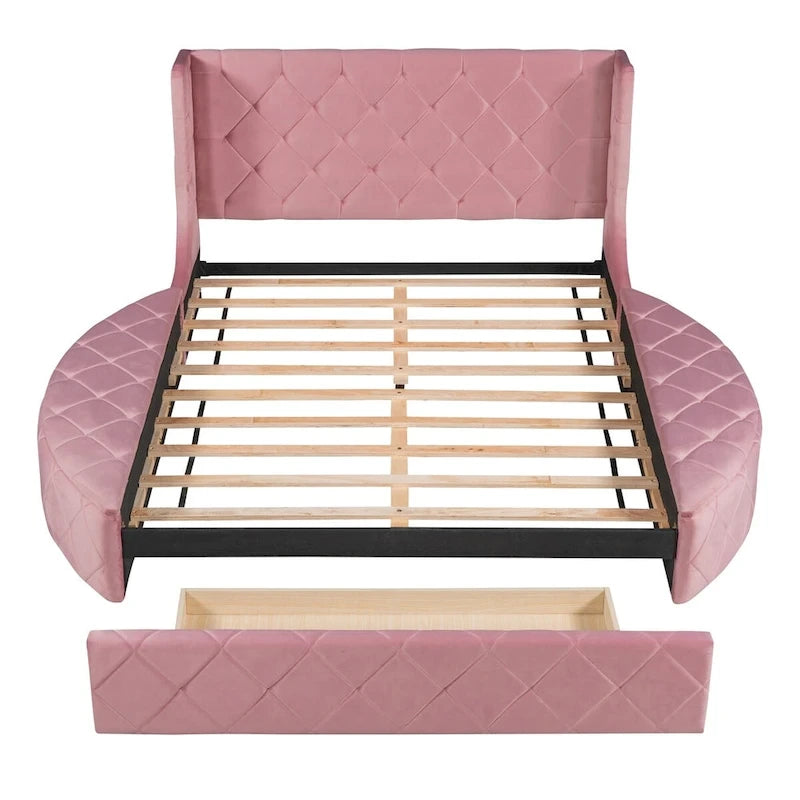 Pink / Gray / Beige / Blue Velvet Queen Platform Bed with Wingback Headboard, 1 Drawer and 2 Side Stools for 2 Person