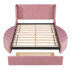 Pink / Gray / Beige / Blue Velvet Queen Platform Bed with Wingback Headboard, 1 Drawer and 2 Side Stools for 2 Person