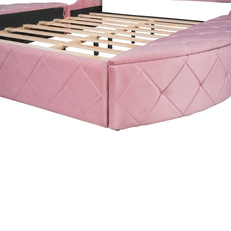 Pink / Gray / Beige / Blue Velvet Queen Platform Bed with Wingback Headboard, 1 Drawer and 2 Side Stools for 2 Person