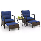Costway 5-teiliges Outdoor-Möbelset Rattanstühle und Ottomane mit Couchtisch aus Glasplatte Off-White/Schwarz/Marineblau/Grau
