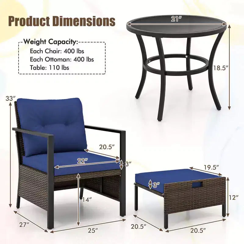 Costway 5-teiliges Outdoor-Möbelset Rattanstühle und Ottomane mit Couchtisch aus Glasplatte Off-White/Schwarz/Marineblau/Grau