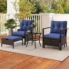 Costway 5-teiliges Outdoor-Möbelset Rattanstühle und Ottomane mit Couchtisch aus Glasplatte Off-White/Schwarz/Marineblau/Grau