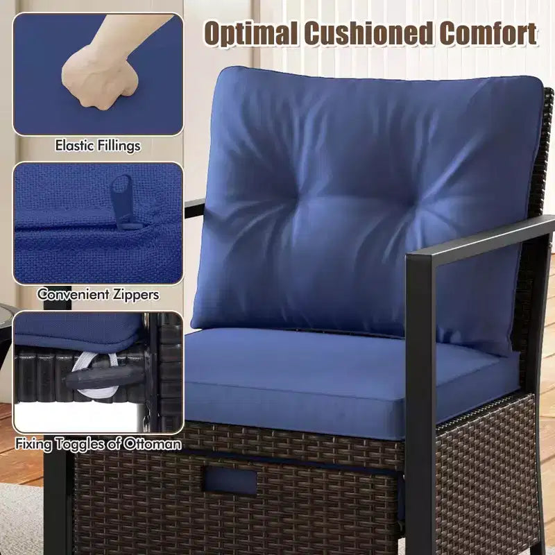 Costway 5-teiliges Outdoor-Möbelset Rattanstühle und Ottomane mit Couchtisch aus Glasplatte Off-White/Schwarz/Marineblau/Grau