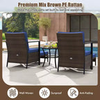 Costway 5-teiliges Outdoor-Möbelset Rattanstühle und Ottomane mit Couchtisch aus Glasplatte Off-White/Schwarz/Marineblau/Grau