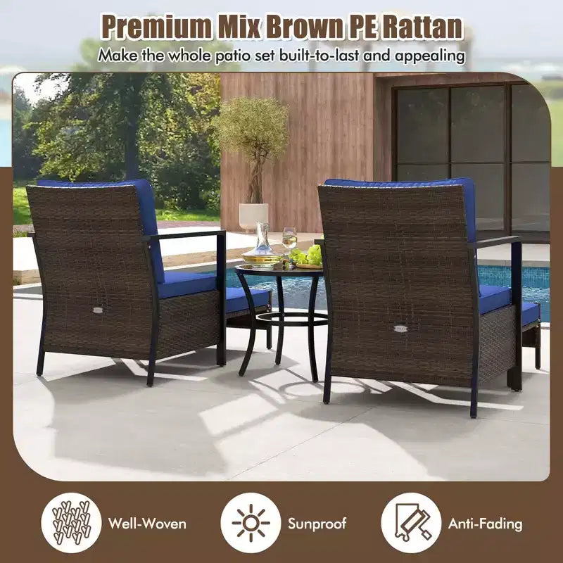 Costway 5-teiliges Outdoor-Möbelset Rattanstühle und Ottomane mit Couchtisch aus Glasplatte Off-White/Schwarz/Marineblau/Grau