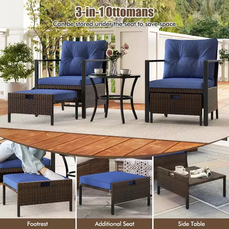 Costway 5-teiliges Outdoor-Möbelset Rattanstühle und Ottomane mit Couchtisch aus Glasplatte Off-White/Schwarz/Marineblau/Grau