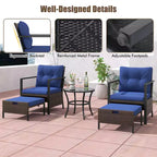 Costway 5-teiliges Outdoor-Möbelset Rattanstühle und Ottomane mit Couchtisch aus Glasplatte Off-White/Schwarz/Marineblau/Grau