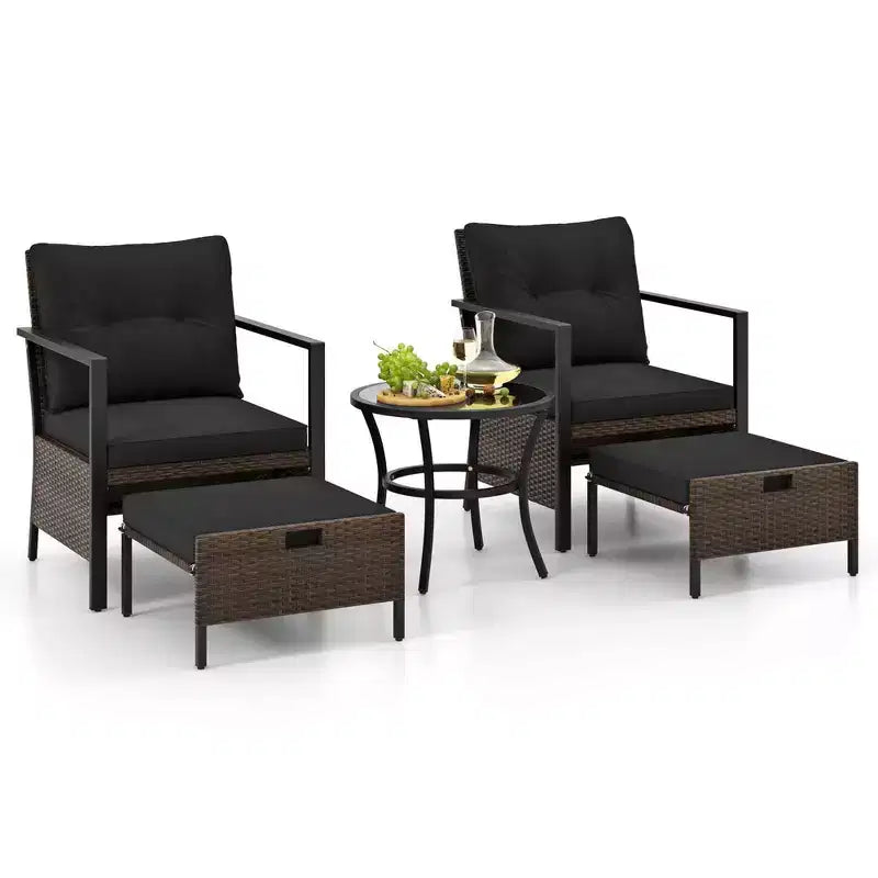 Costway 5-teiliges Outdoor-Möbelset Rattanstühle und Ottomane mit Couchtisch aus Glasplatte Off-White/Schwarz/Marineblau/Grau