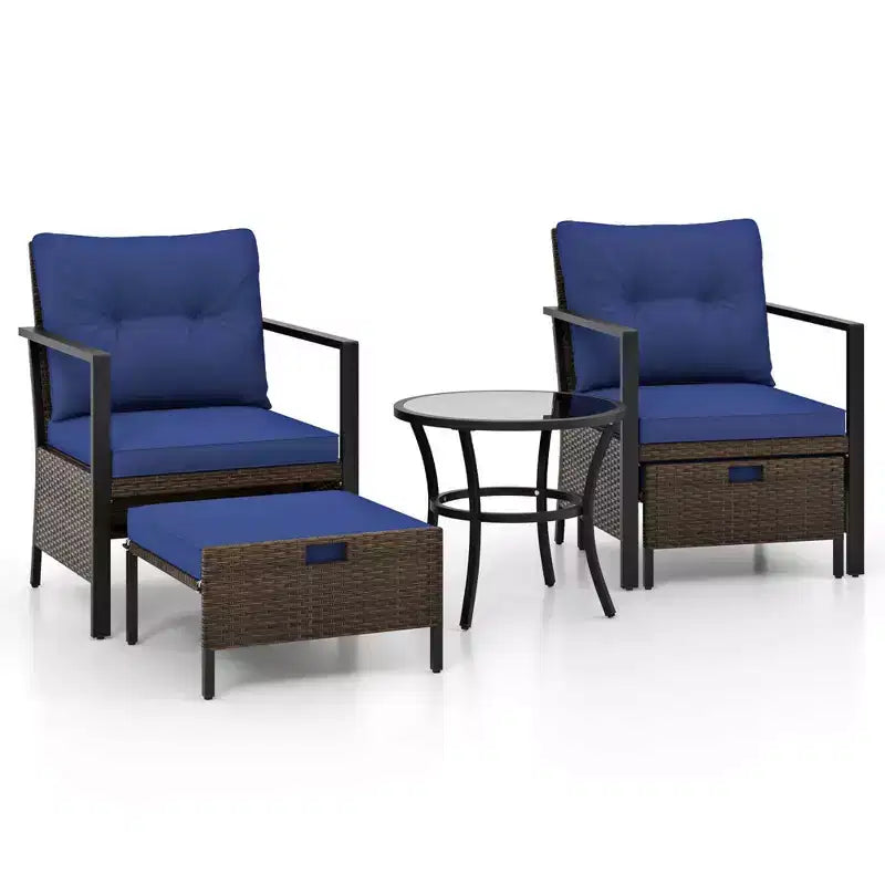 Costway 5-teiliges Outdoor-Möbelset Rattanstühle und Ottomane mit Couchtisch aus Glasplatte Off-White/Schwarz/Marineblau/Grau