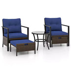 Costway 5-teiliges Outdoor-Möbelset Rattanstühle und Ottomane mit Couchtisch aus Glasplatte Off-White/Schwarz/Marineblau/Grau
