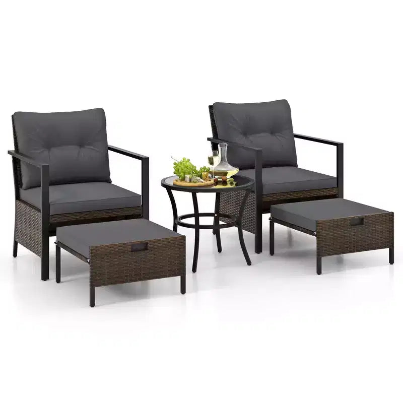 Costway 5-teiliges Outdoor-Möbelset Rattanstühle und Ottomane mit Couchtisch aus Glasplatte Off-White/Schwarz/Marineblau/Grau