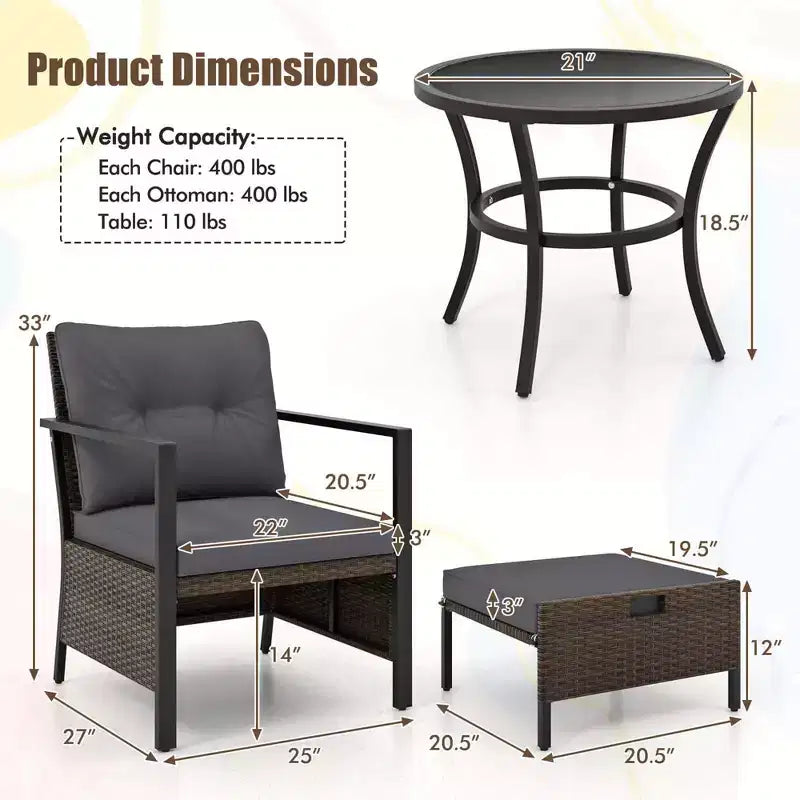 Costway 5-teiliges Outdoor-Möbelset Rattanstühle und Ottomane mit Couchtisch aus Glasplatte Off-White/Schwarz/Marineblau/Grau