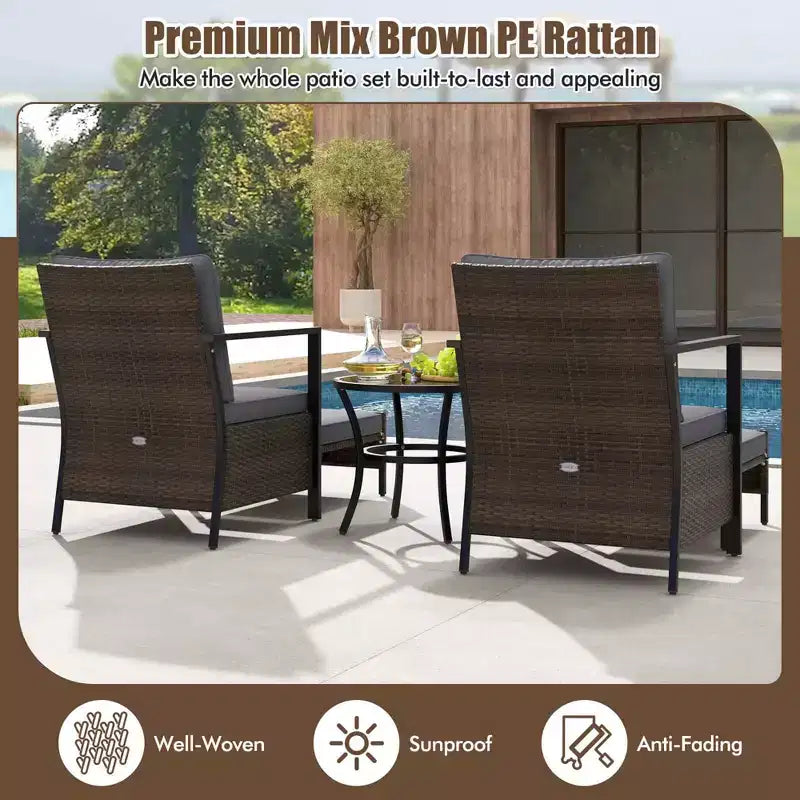 Costway 5-teiliges Outdoor-Möbelset Rattanstühle und Ottomane mit Couchtisch aus Glasplatte Off-White/Schwarz/Marineblau/Grau