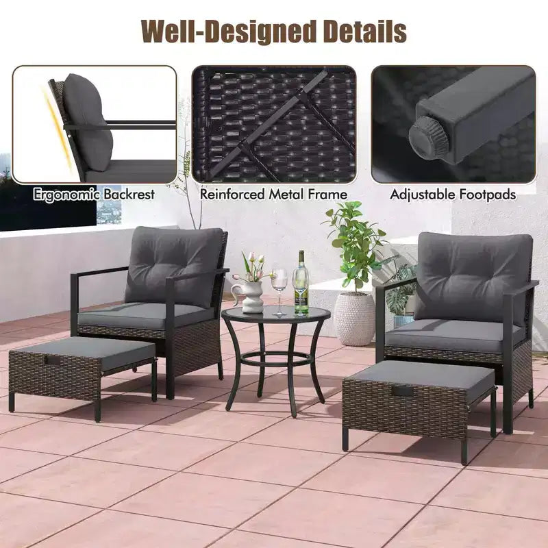 Costway 5-teiliges Outdoor-Möbelset Rattanstühle und Ottomane mit Couchtisch aus Glasplatte Off-White/Schwarz/Marineblau/Grau