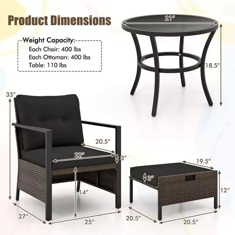 Costway 5-teiliges Outdoor-Möbelset Rattanstühle und Ottomane mit Couchtisch aus Glasplatte Off-White/Schwarz/Marineblau/Grau