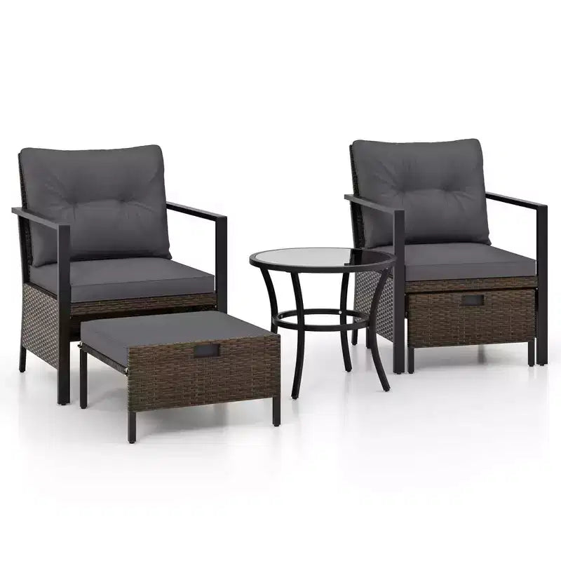 Costway 5-teiliges Outdoor-Möbelset Rattanstühle und Ottomane mit Couchtisch aus Glasplatte Off-White/Schwarz/Marineblau/Grau