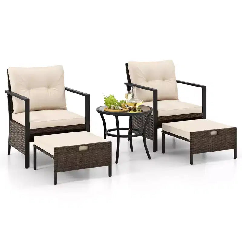 Costway 5-teiliges Outdoor-Möbelset Rattanstühle und Ottomane mit Couchtisch aus Glasplatte Off-White/Schwarz/Marineblau/Grau