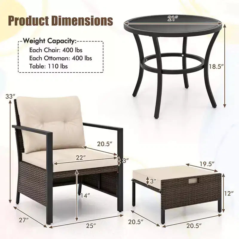 Costway 5-teiliges Outdoor-Möbelset Rattanstühle und Ottomane mit Couchtisch aus Glasplatte Off-White/Schwarz/Marineblau/Grau