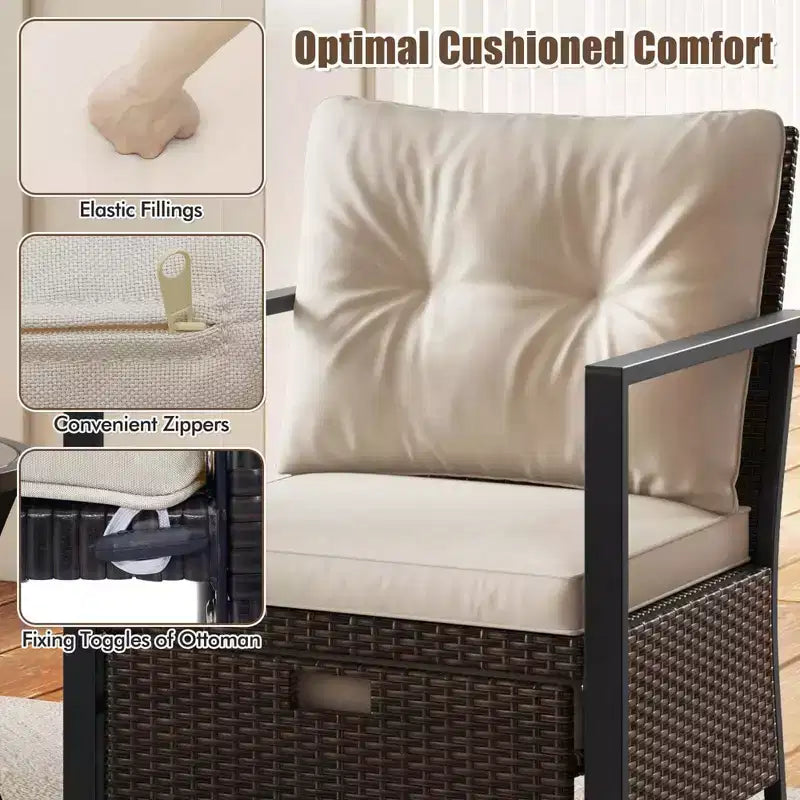 Costway 5-teiliges Outdoor-Möbelset Rattanstühle und Ottomane mit Couchtisch aus Glasplatte Off-White/Schwarz/Marineblau/Grau