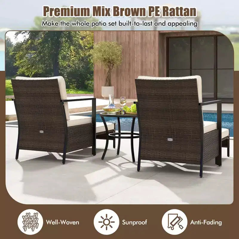 Costway 5-teiliges Outdoor-Möbelset Rattanstühle und Ottomane mit Couchtisch aus Glasplatte Off-White/Schwarz/Marineblau/Grau