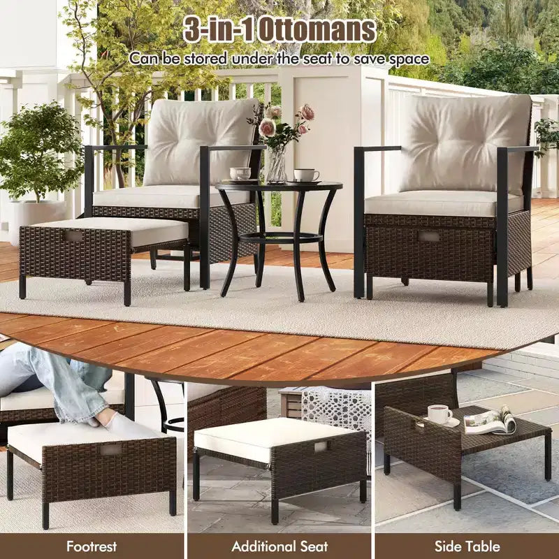 Costway 5-teiliges Outdoor-Möbelset Rattanstühle und Ottomane mit Couchtisch aus Glasplatte Off-White/Schwarz/Marineblau/Grau