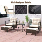 Costway 5-teiliges Outdoor-Möbelset Rattanstühle und Ottomane mit Couchtisch aus Glasplatte Off-White/Schwarz/Marineblau/Grau