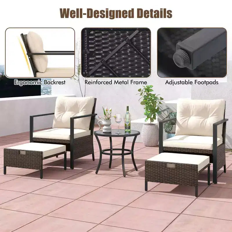 Costway 5-teiliges Outdoor-Möbelset Rattanstühle und Ottomane mit Couchtisch aus Glasplatte Off-White/Schwarz/Marineblau/Grau