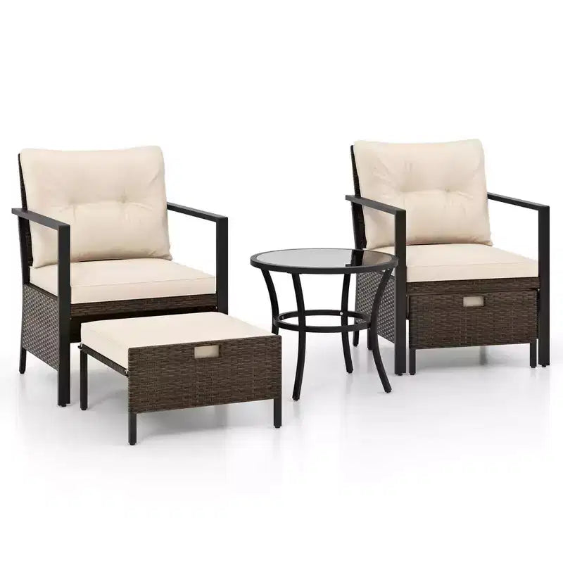 Costway 5-teiliges Outdoor-Möbelset Rattanstühle und Ottomane mit Couchtisch aus Glasplatte Off-White/Schwarz/Marineblau/Grau