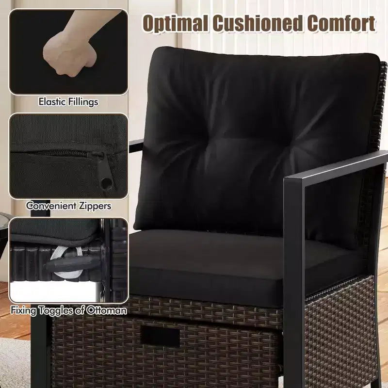 Costway 5-teiliges Outdoor-Möbelset Rattanstühle und Ottomane mit Couchtisch aus Glasplatte Off-White/Schwarz/Marineblau/Grau