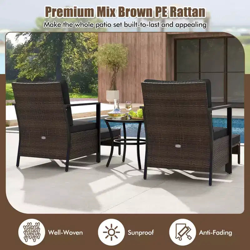 Costway 5-teiliges Outdoor-Möbelset Rattanstühle und Ottomane mit Couchtisch aus Glasplatte Off-White/Schwarz/Marineblau/Grau