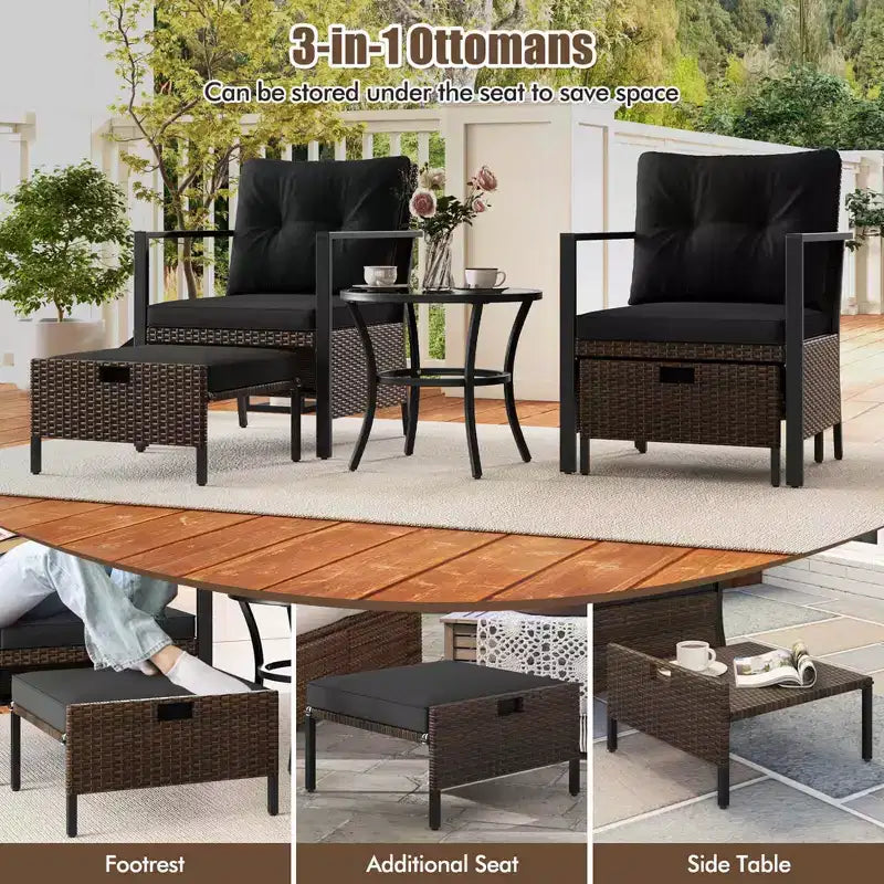 Costway 5-teiliges Outdoor-Möbelset Rattanstühle und Ottomane mit Couchtisch aus Glasplatte Off-White/Schwarz/Marineblau/Grau