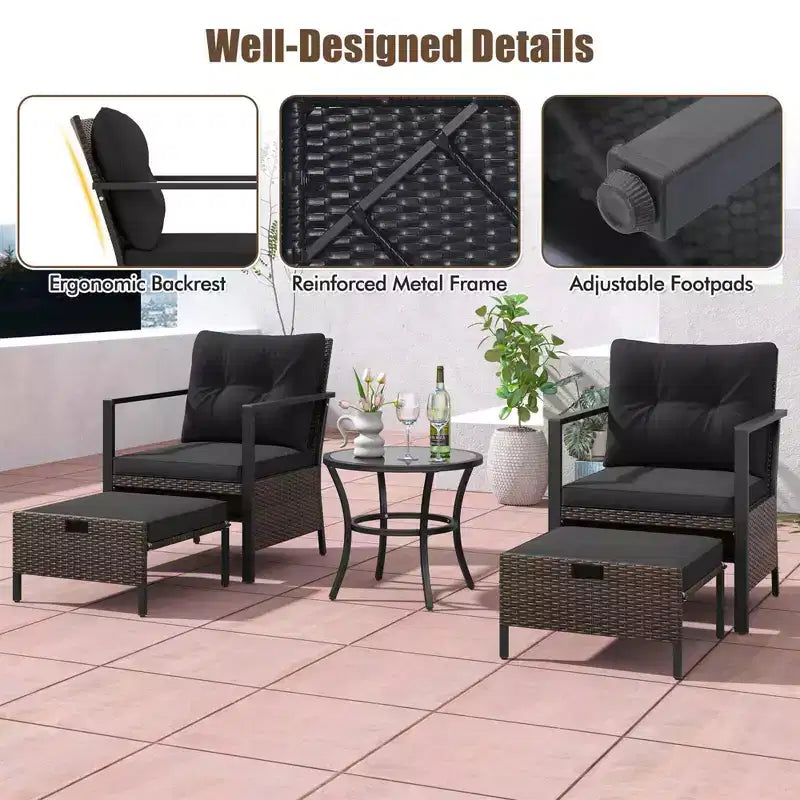 Costway 5-teiliges Outdoor-Möbelset Rattanstühle und Ottomane mit Couchtisch aus Glasplatte Off-White/Schwarz/Marineblau/Grau