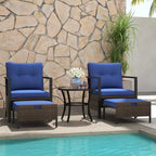 Costway 5-teiliges Outdoor-Möbelset Rattanstühle und Ottomane mit Couchtisch aus Glasplatte Off-White/Schwarz/Marineblau/Grau