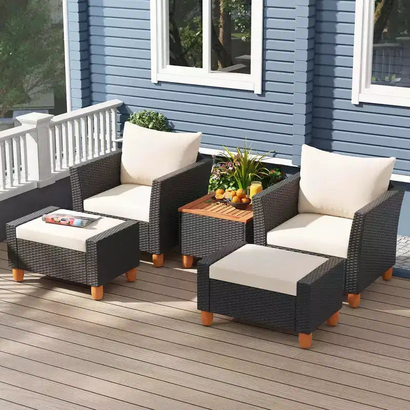 Costway 5-teiliges Terrassenmöbel-Set mit Aufbewahrungstisch, Ottomanen, weichen Kissen & Polstern