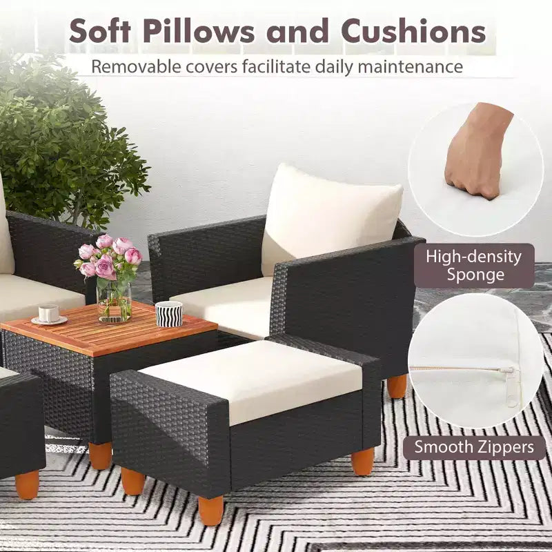 Costway 5-teiliges Terrassenmöbel-Set mit Aufbewahrungstisch, Ottomanen, weichen Kissen & Polstern