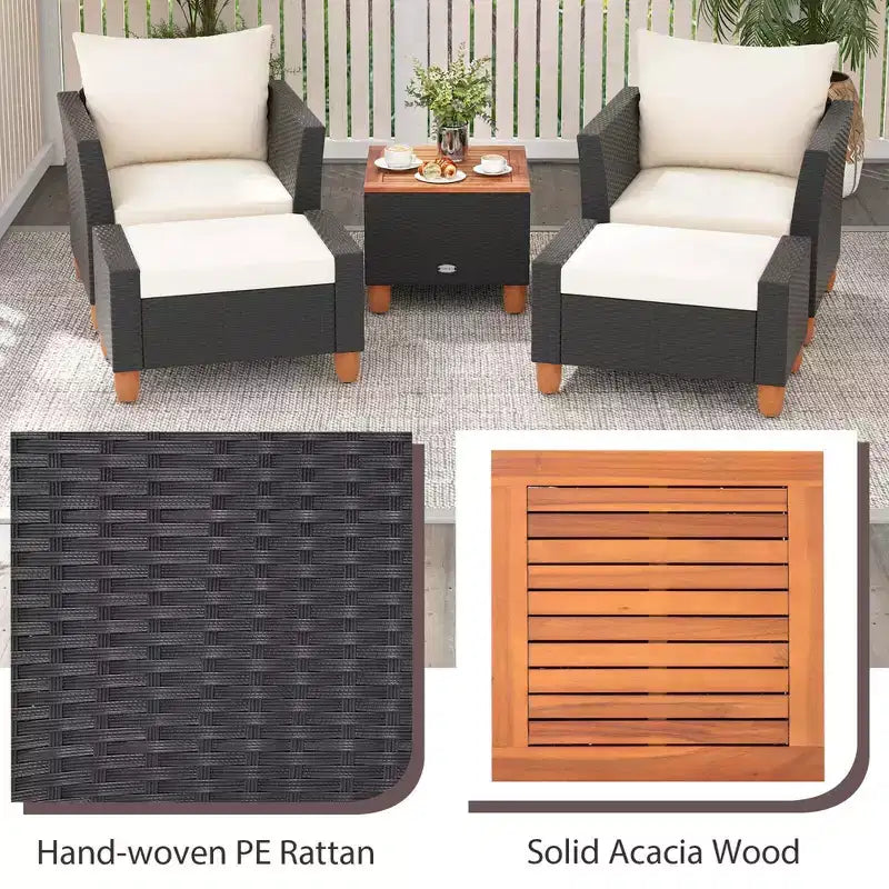 Costway 5-teiliges Terrassenmöbel-Set mit Aufbewahrungstisch, Ottomanen, weichen Kissen & Polstern