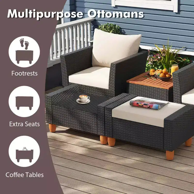 Costway 5-teiliges Terrassenmöbel-Set mit Aufbewahrungstisch, Ottomanen, weichen Kissen & Polstern